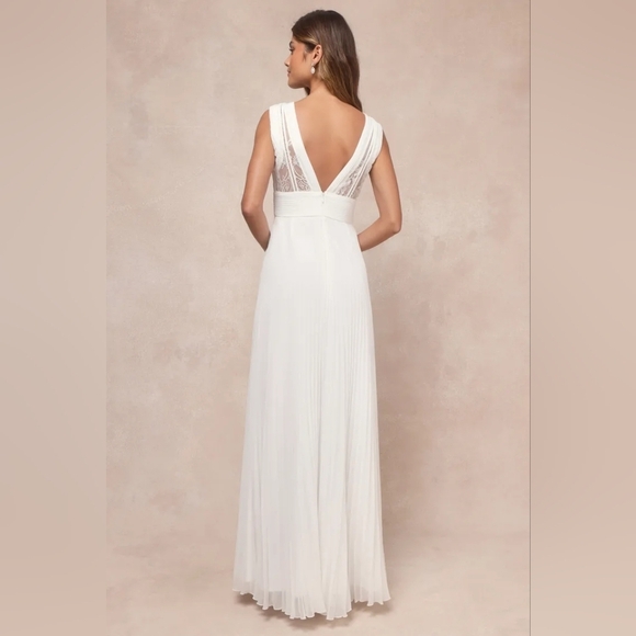 Lulus Gorgeous Forever Ivory Chiffon Lace Pleated Backless Maxi Dress Wedding - Picture 5 of 11